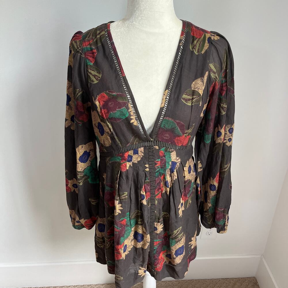 Free People Strawberry Fields Brown Floral Long Sleeve Tunic Mini Dress - Picture 3 of 7
